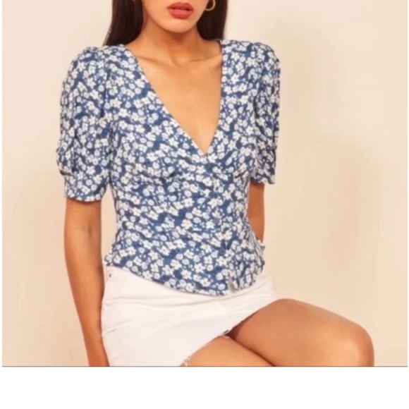 Reformation Raquel Blouse - Blue Floral - Size 6 - Picture 2 of 9